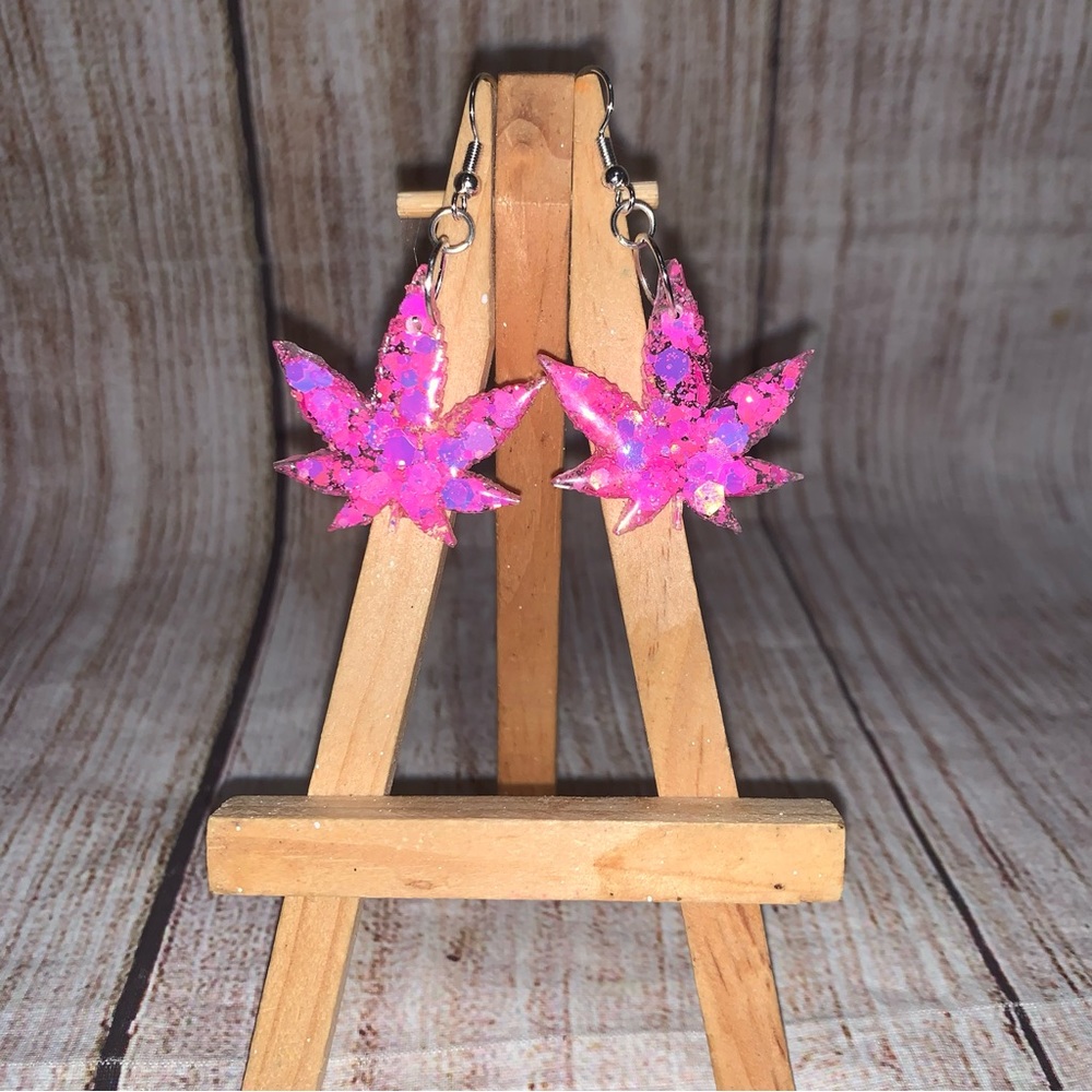 Pink Glitter Weed Leaf Dangle Earrings, Cannabis Jewelry
